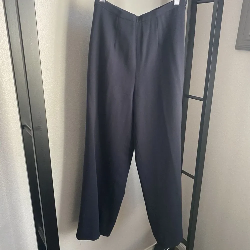 Greta Garbo‎ Womens Wool Wide Leg Pants Fully Lined Zip Navy Sz 4 Made in Italy